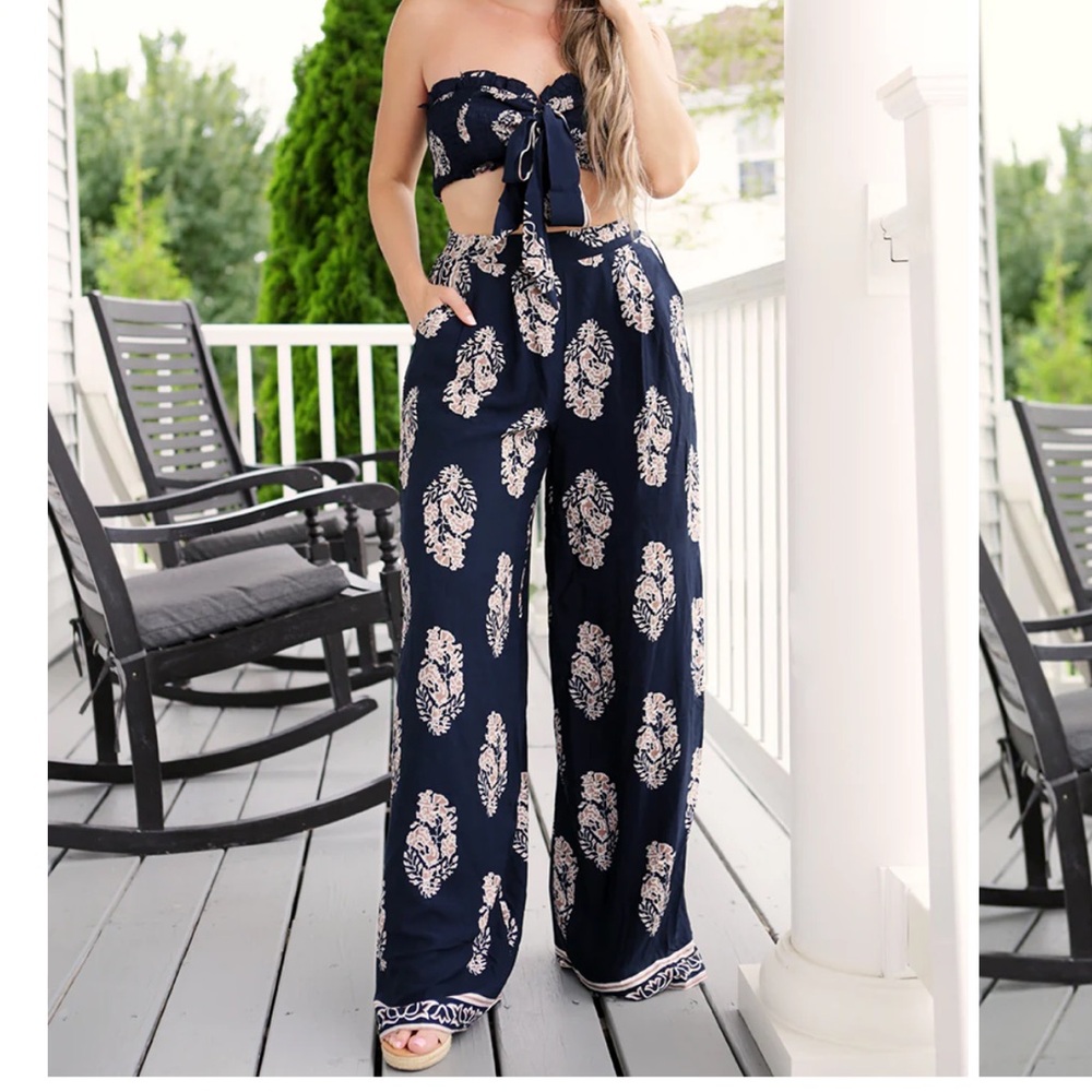 2 Piece Set Boho Print Top Butterfly Bohemian Pants Wide Leg Palazzo